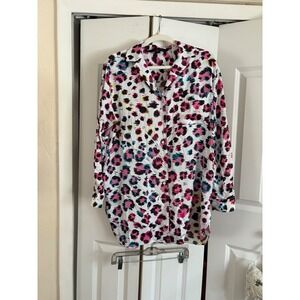 Victoria's Secret Long Sleeve Button-Up Nightshirt White Pink Blue Leopard Print